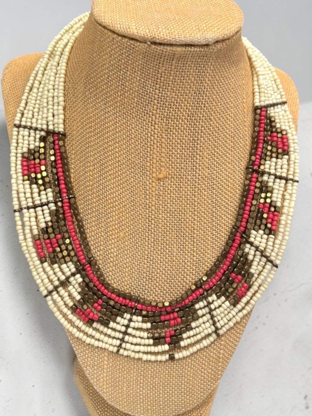 Multistrand seed Bead Boho Necklace With Coral Brown & Cream Beads By Express